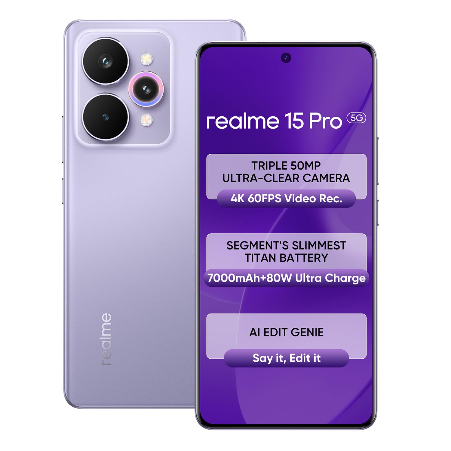 realme 15 Pro 5G Smartphone 12+256GB Purple,4K 60FPS,144Hz HyperGlow 4D Curve Display,7000mAh Battery,80W SuperVOOC, Camera Triple 50MP, Snapdragon 7 Gen 4, IP69